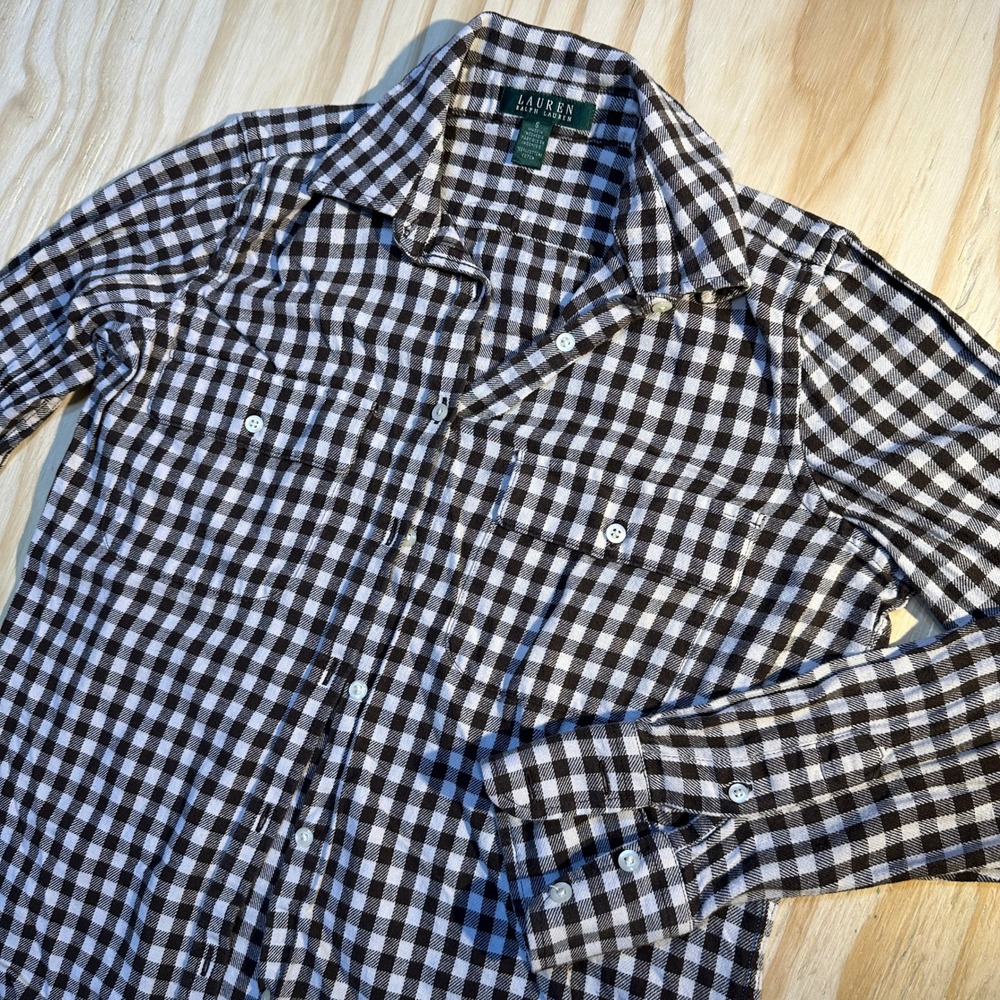 Lauren Ralph Lauren Womens Small Brown White Gingham Button Down Shirt